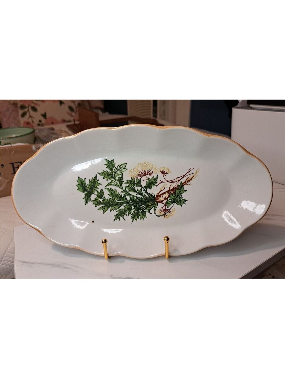 Vintage RPR Riga Porcelain Celery Oval Trimmed Scalloped Serving Platter 12"